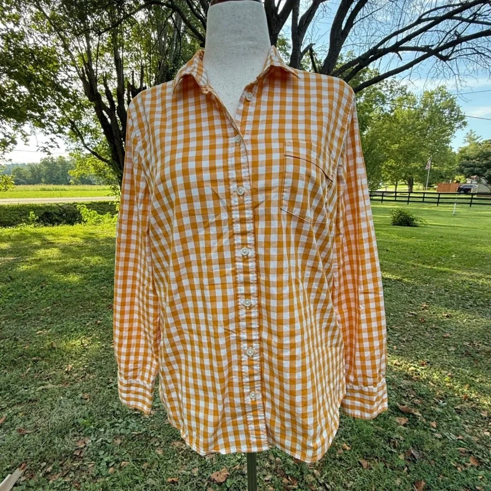 J.Crew Womens Orange Gingham Check Button Down Shirt Long Sleeve Size L Preppy